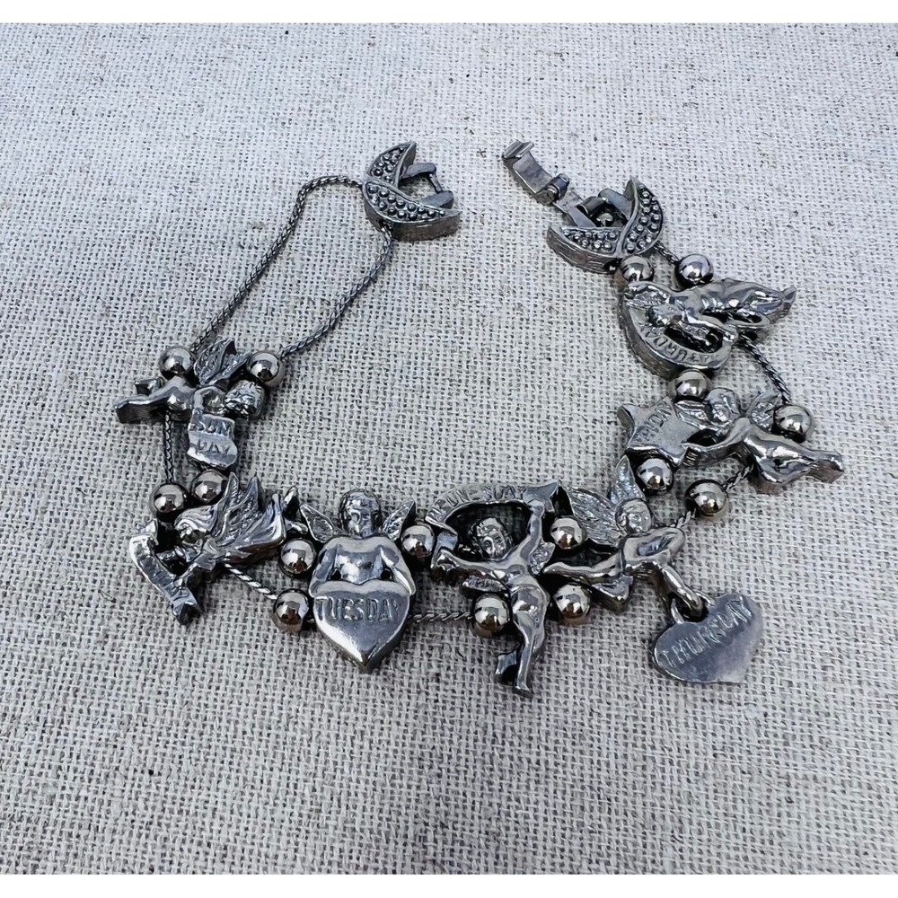Vintage Silver Tone Days of the Week Cherub Angel Celestial Heart Charm Bracelet - Picture 10 of 11